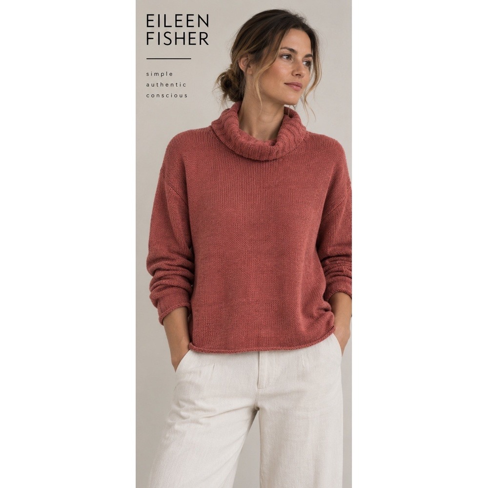 Eileen Fisher Cowl Neck Sweater Sz L Terracotta Cotton Linen Blend Minimalist